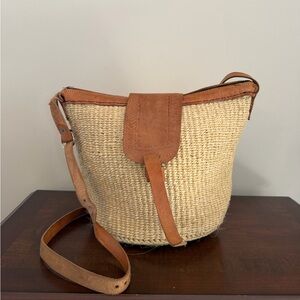 Vintage Sisal Basket Shoulder Bag Tan and Brown Woven, Leather